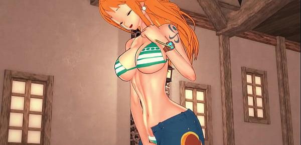  The cute pirate Nami fingers her pussy in a bar - One Piece Hentai.